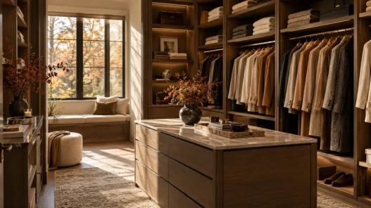 Guardaroba minimalista e ordinato con abiti nei toni neutri, simbolo di decluttering e moda consapevole.