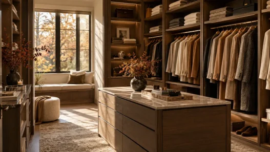 Guardaroba minimalista e ordinato con abiti nei toni neutri, simbolo di decluttering e moda consapevole.