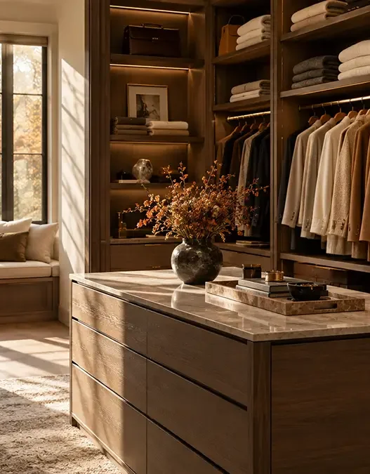 Guardaroba minimalista e ordinato con abiti nei toni neutri, simbolo di decluttering e moda consapevole.
