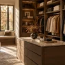 Guardaroba minimalista e ordinato con abiti nei toni neutri, simbolo di decluttering e moda consapevole.