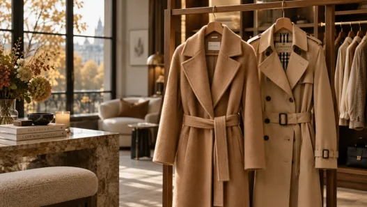 Cappotto sartoriale color cammello e trench appesi in un armadio minimalista, simbolo di moda consapevole e capispalla di qualità.