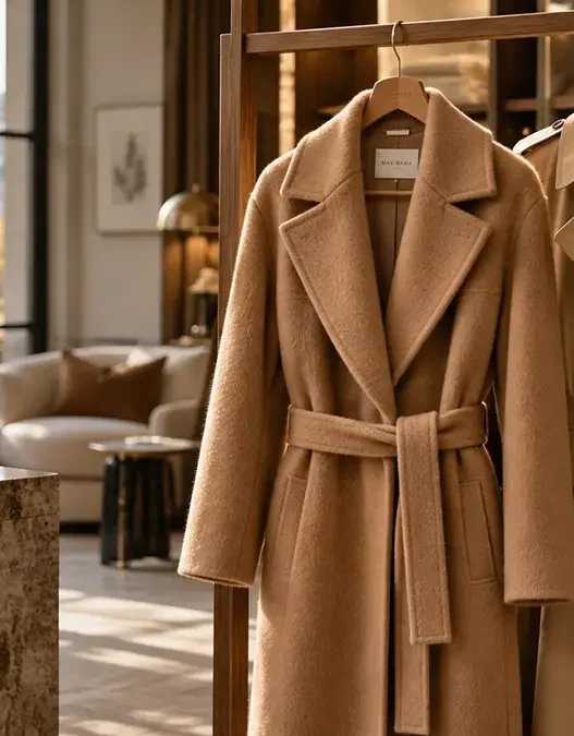 Cappotto sartoriale color cammello e trench appesi in un armadio minimalista, simbolo di moda consapevole e capispalla di qualità.
