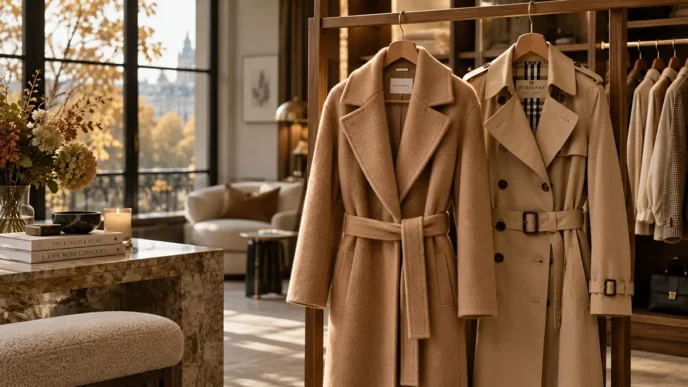 Cappotto sartoriale color cammello e trench appesi in un armadio minimalista, simbolo di moda consapevole e capispalla di qualità.