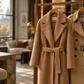Cappotto sartoriale color cammello e trench appesi in un armadio minimalista, simbolo di moda consapevole e capispalla di qualità.
